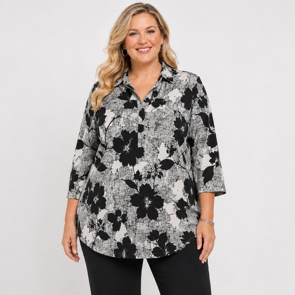 Chico's No-Iron Chic Stretch Tunic Womens 3 XL Black White Floral Button Side